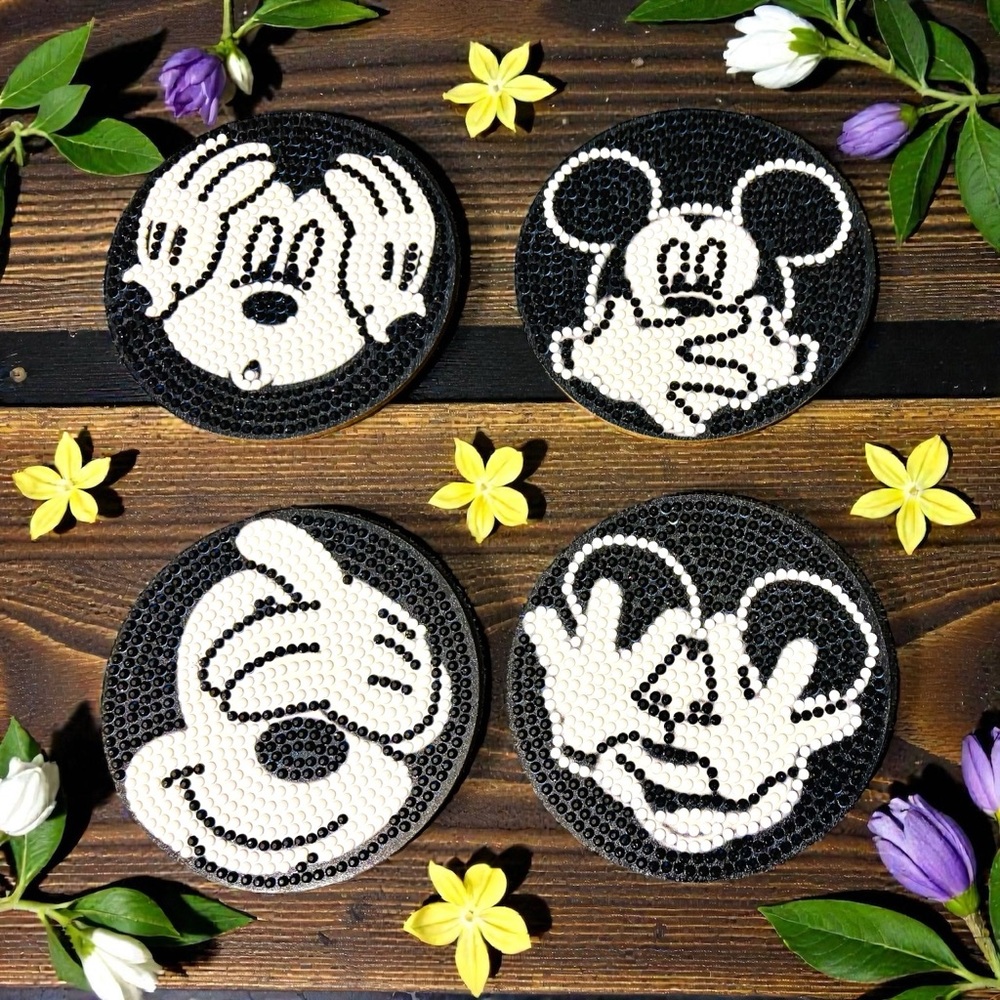 Coasters Mickey Mouse Black and White Set of Four with Holder Hand Crafted